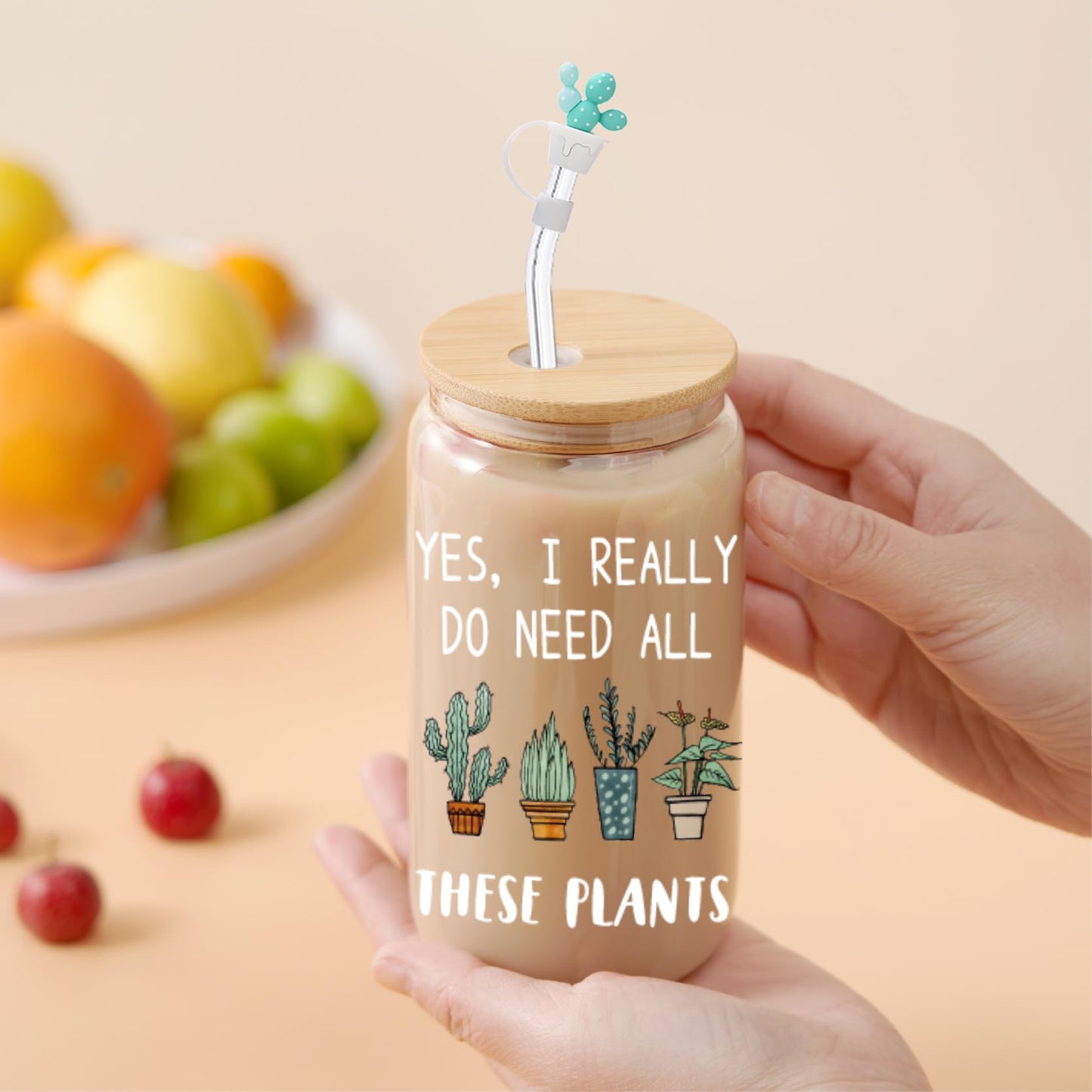 XiQiCYun Plant Lover Gifts for Women, Cool Gardening Gifts for Plant Lady Mom, Funny Succulent Cactus Iced Coffee Glass Cup with Lid and Straw, Tote Bag, Socks, and Straw Covers