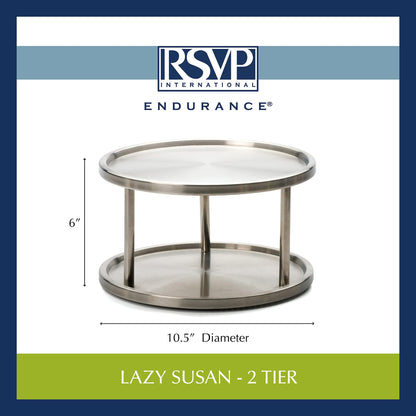 RSVP International Two-Tier Turntable Lazy Susan | Handy in Cabinet, Refrigerators & Counters | Organize Spices, Canned Foods, Pots, Pans, Dinnerware, 10.5" x 6", Stainless Steel