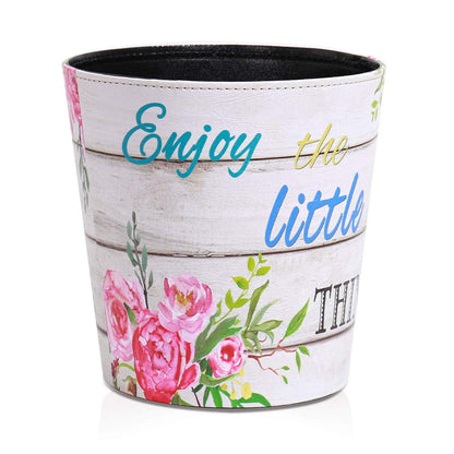 PU Leather Small Trash Can Wastebasket, Round Garbage Container Basket for Bathrooms, Laundry Room, Kitchens, Offices, Kids Rooms, Bedrooms,Dorms,Home Decorative Art Bin, 2.9 Gallon (Little Joy)