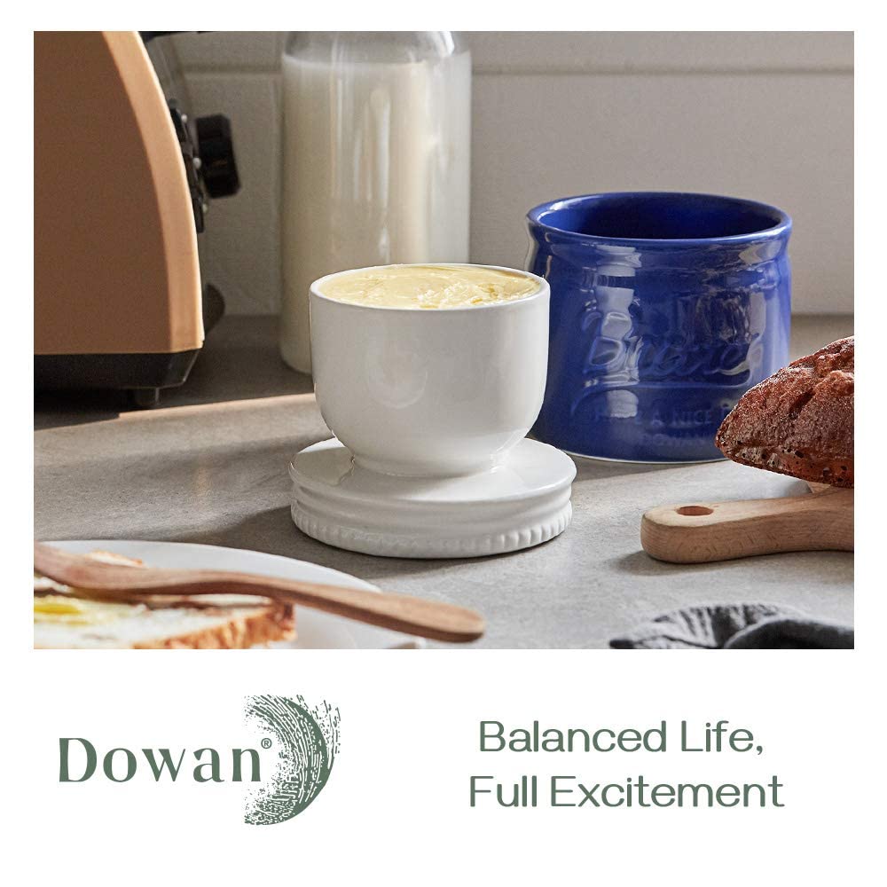 DOWAN Butter Dish, French Butter Crock With Lid for Spreadable Soft Butter, Porcelain Butter Keeper With Waterline for Counter, Embossed Butter Container Home Gift Kitchen Decor, Beige