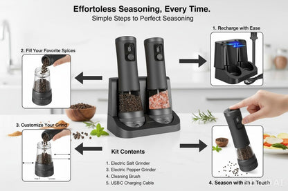 Veiliss Electric Salt and Pepper Grinder Set, Battery Display Rechargeable Base, External 5 Adjustable Coarseness, Stainless Steel Frosted Finish Automatic Mill with LED Light
