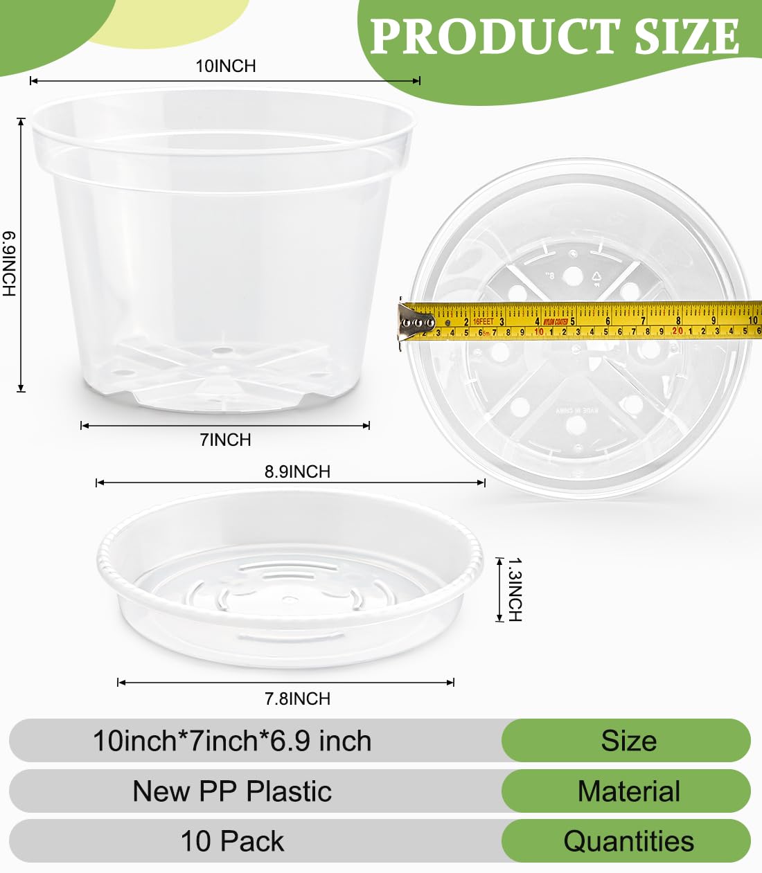 10 Pack 10 Inch Clear Nursery Pots with Saucers, Transparent Sturdy Plastic Plant Pots, Large Gardening Pots with Drainage Hole, Planting Starter Pot for Indoor Outdoor Flowers Herbs Vegetables