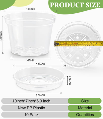 10 Pack 10 Inch Clear Nursery Pots with Saucers, Transparent Sturdy Plastic Plant Pots, Large Gardening Pots with Drainage Hole, Planting Starter Pot for Indoor Outdoor Flowers Herbs Vegetables