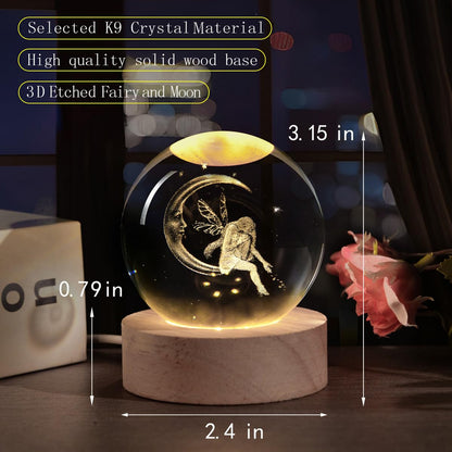 QIANCHANG 3D Fairy Crystal Ball with LED Stand, Fairies Figurines Lamp Night Light, Fairy Moon Decor Glass Sphere Balls Gifts for Women Girls Mom Kids(60mm)