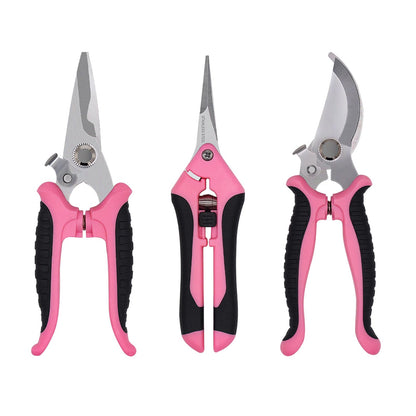 Pruning Shears Gardening Scissors Tools: 3pcs Outdoors&Indoor Garden Clippers, Rose Snips, Plant Clippers, Wood Pruner, Gardener Work Accessories for Flower Arrangement, Yard Landscaping (Pink)
