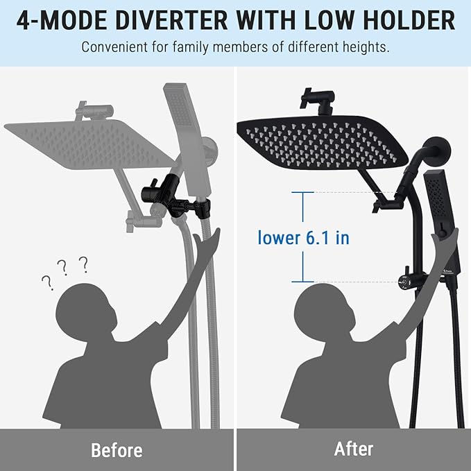 G-Promise All Metal 10 Inch Rain Shower Head with Massage Mode Handheld Spray Combo, 3-Way Diverter with Pause Setting, Full Body Coverage, Modern Bathroom Upgrade (Matte Black)