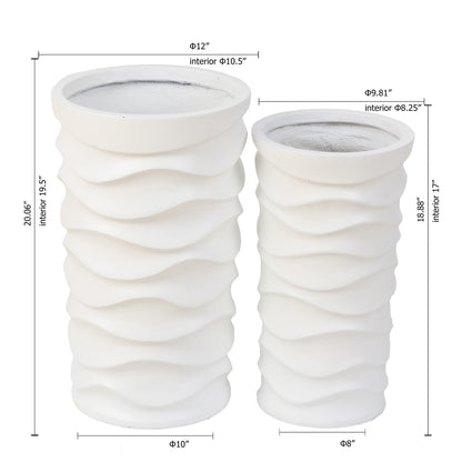 LuxenHome Tall Planters for Outdoor Plants, Set of 2 Indoor Outdoor Garden Plant Pots with Drainage Hole and Rubber Plug, Modern White Waves Flower Pot Concrete Planters for Home Garden Patio Porch
