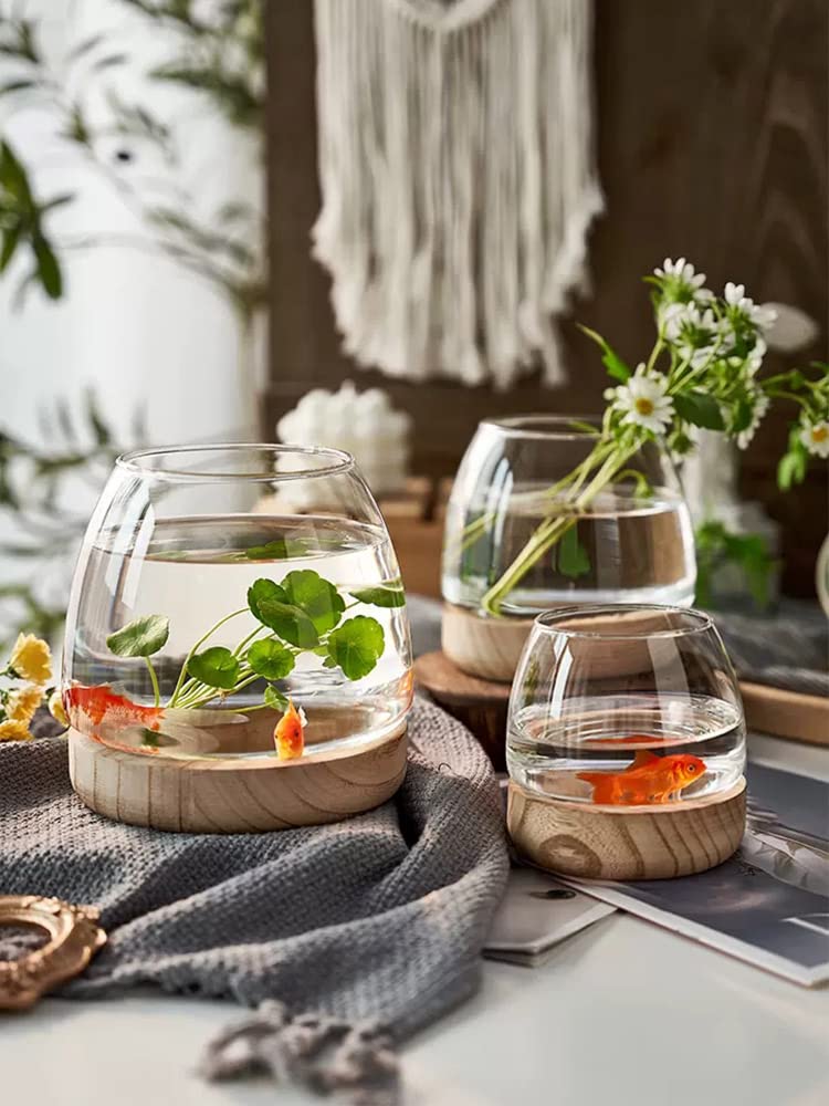 Glass Vase with Wooden Support Base, 1pcs Clear Glass Bubble Vase, Hydroponic Plant Terrarium Aquarium Goldfish Bowl for Home Office Centerpieces Flower Arrangement Decor (A 30 × 24 × 24 cm)