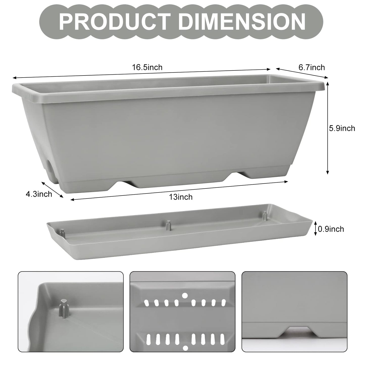 OSMOFUZE Window Box Planter, 6 Packs 17 Inches Rectangle Planters Box with Drainage Holes and Trays, Vegetable Planters for Windowsill Patio Garden Home Decor Porch Yard Light Gray