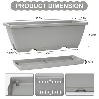 OSMOFUZE Window Box Planter, 6 Packs 17 Inches Rectangle Planters Box with Drainage Holes and Trays, Vegetable Planters for Windowsill Patio Garden Home Decor Porch Yard Light Gray