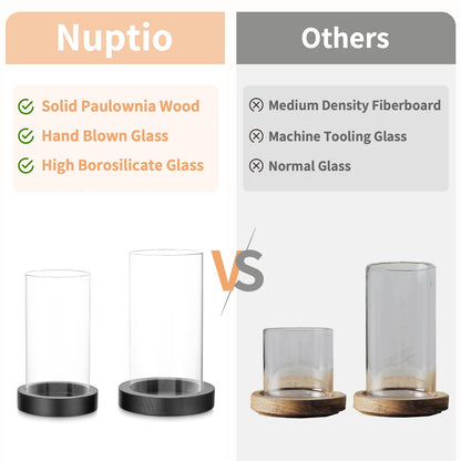 NUPTIO Wooden Candle Holders Pillar: Black Candle Tray with Round Hurricane Glass Vase - Set of 2 Cylinder Floating Candleholder for Home Halloween Thanksgiving Seasonal Decor