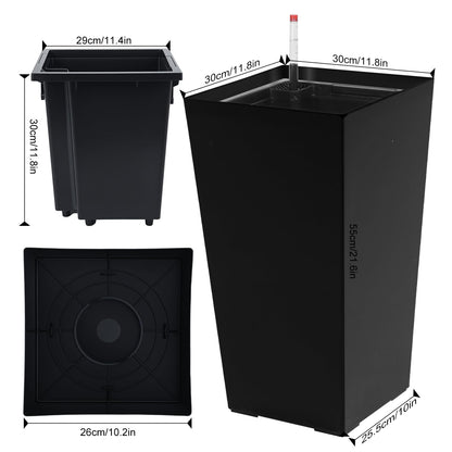 hatleues Resin Tall Planters Set of 2 Tall Flower Pot for Outdoor Indoor Plants, Flower Pots with Water Level Window & Drainage Tray, Dual-Buckle Design for Porch, Balcony, Deck,Modern Decor Black 2