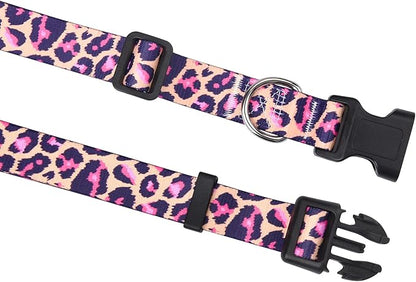 Mihqy Dog Collar and Leash Set with Bohemia Floral Tribal Geometric Patterns - Soft Ethnic Style Collar Adjustable for Small Medium Large Dogs(Pink Leopard Set,S)