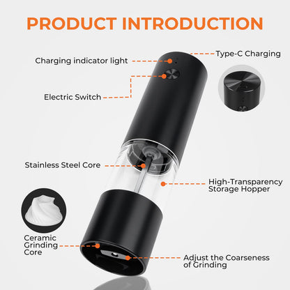 Electric Salt and Pepper Grinder Set, Rechargeable Automatic Grinders with Charging Base, Adjustable Coarseness, One-Hand Operation, Refillable Ceramic Spice Mills for Salt, Pepper and Dry Seasonings
