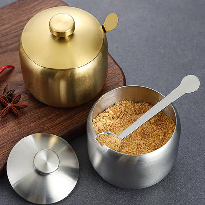 GSHLLO 15 oz Stainless Steel Sugar Bowl with Lid Spoon Round Sugar Jar Pot Salt Storage Holder Jars Kitchen Condiment Canisters Metal Seasoning Spice Containers for All Kinds of Spices Silver