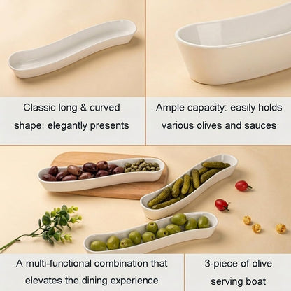 Dizada Olive Plates 3-Pack 12" - White Porcelain Long Arc Boat Trays, Ceramic Appetizer Platter for Charcuterie, Snacks, Entertaining, Dishwasher Microwave Oven Safe