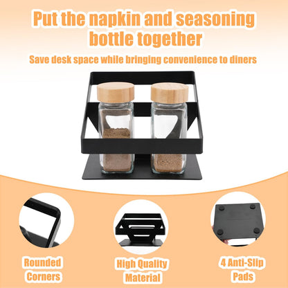 Napkin Holder for Table, SHAIDOJIO Metal Napkin Holder with Salt and Pepper Shakers Cadddy, Standing Paper Napkins Storage for Kitchen Dining Table Centerpiece Decor (Black)