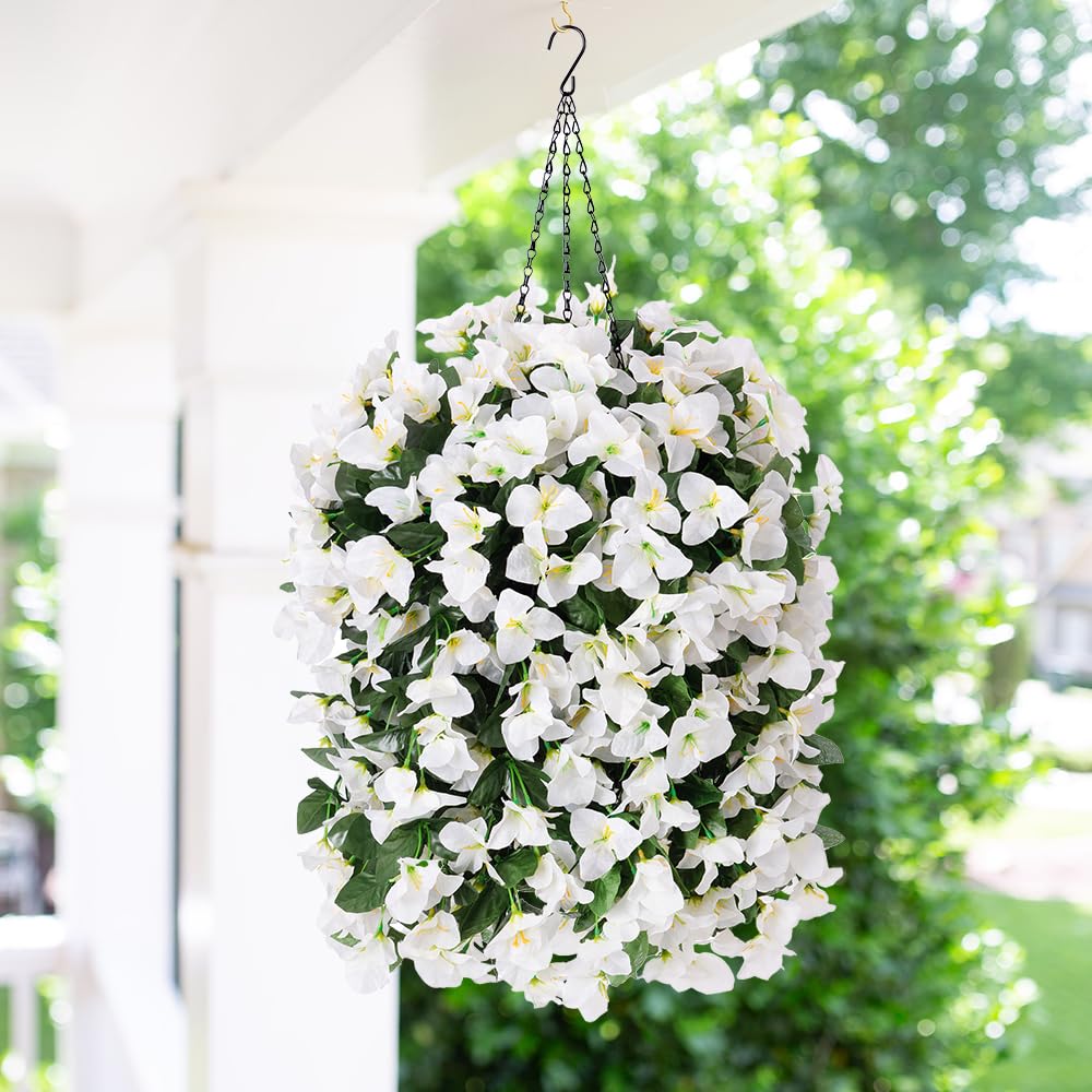 Faux Bougainvillea Artificial Flowers for Outdoors Fake Plants Outside Decoration, 2 PCS White Faux Flowers UV Resistant Look Real Silk Long Trailing Vines for Front Door Porch Planter Patio Garden