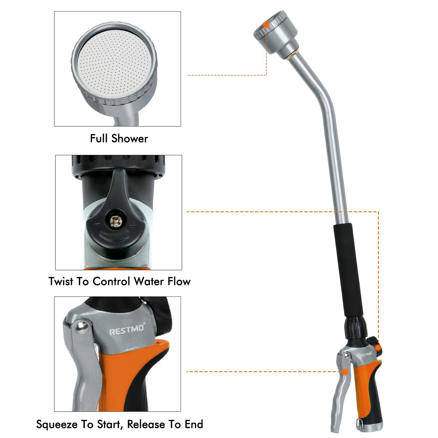 RESTMO Long Watering Wand, 24 Inches Gentle Soft Full Shower Sprayer Wand with Flow Control, Heavy Duty Metal Hose Wand for Hanging Baskets, Shrubs, Plants, Flowers, Garden and Lawn, Orange