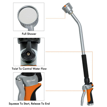 RESTMO Long Watering Wand, 24 Inches Gentle Soft Full Shower Sprayer Wand with Flow Control, Heavy Duty Metal Hose Wand for Hanging Baskets, Shrubs, Plants, Flowers, Garden and Lawn, Orange