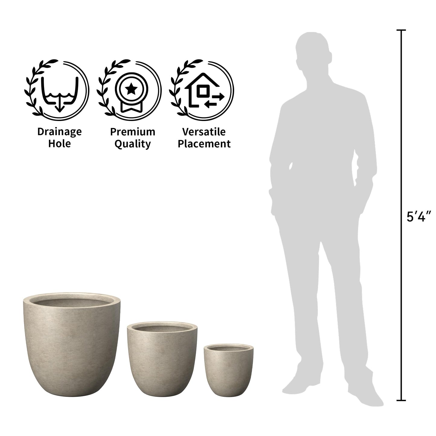 Kante Round Concrete Planter Set of 3, Large Outdoor Indoor Plant Pots with Drainage Hole, 10/14/18-Inch Diameter Flower Pots for Patio, Garden and Home, Weathered Concrete