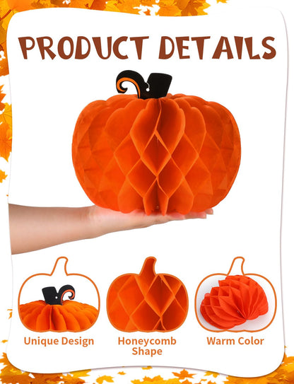 12 Pcs Fall Pumpkin Honeycomb Paper Decorations, Thanksgiving Pumpkins Table Centerpieces Hanging Pumpkin Honeycomb Tissue Balls for Halloween Thanksgiving Harvest Party Decor
