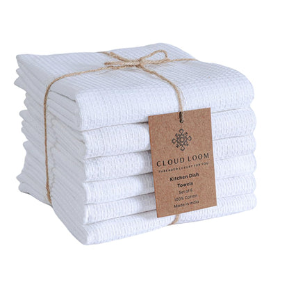CLOUDLOOM Kitchen Hand Towels Cotton, Set of 6-100% Cotton Waffle Weave Kitchen Towels 16x26 - Soft Absorbent Dish Towels with Hanging Loop for Drying & Cleaning - Tea Towel Set - White