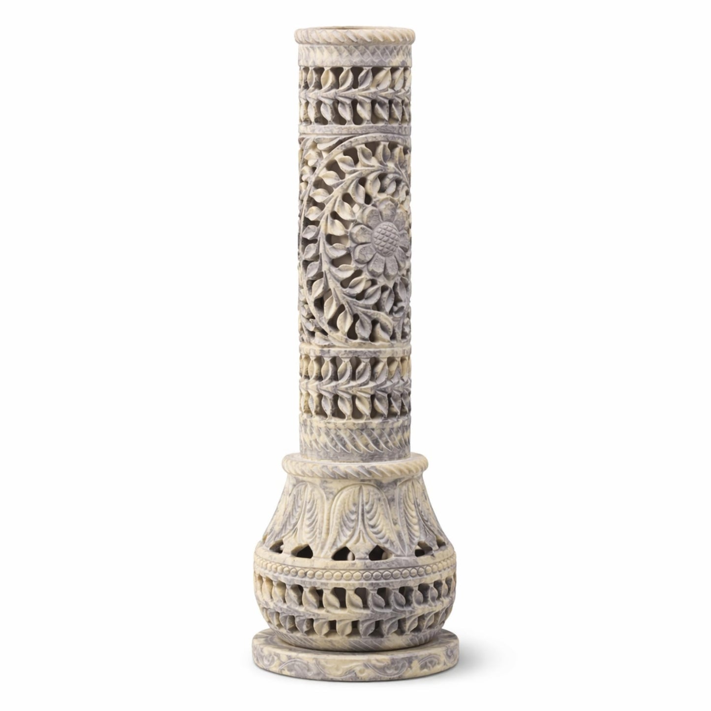 Carry Me Marble Soapstone Incense Stick Holder | Candle Burner | Tea Light Stand - Perfect Handmade Bottle Tower. Decorative Floral Carving for Gifting - Home and Office Decor - (3x3x10.5 Inches)