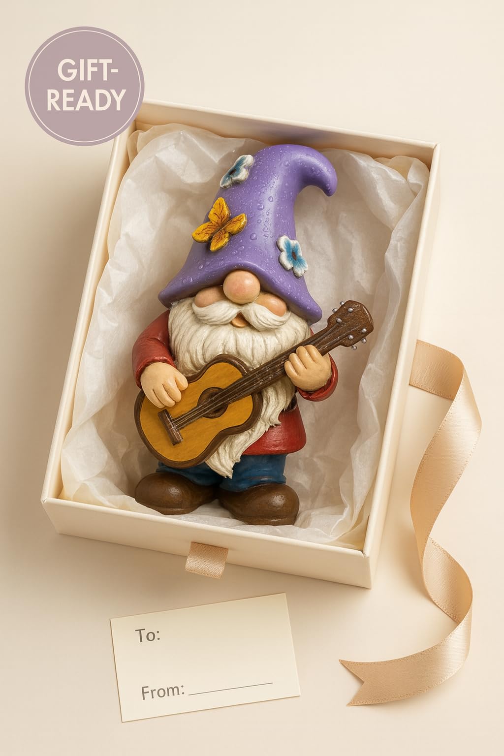 GoGnome Musical Gnome Figurine with Guitar – Handcrafted Resin Garden or Shelf Decoration, 6.2" Tall Whimsical Gnome Statue with Purple Hat, Flowers & Butterfly, Gift for Music Lovers (Purple)