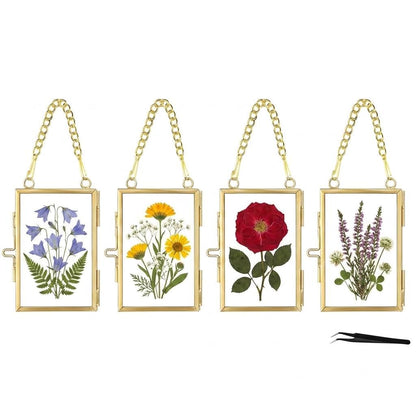 WHYTOOPY Pressed Flower Frames with Tweezers,Wall Hanging Double Glass Frames 2x3 with Metal Chain for Dried Flowers Plants,Floating Photo Frame for Display Gallery Artwork,Golden, 4 Pack