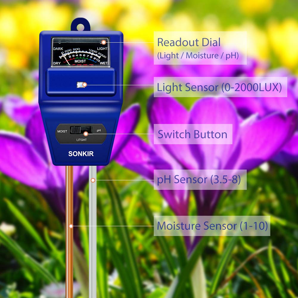 Sonkir Soil pH Meter, MS06 3-in-1 Soil Moisture/Light/pH Tester Gardening Tool Kits for Plant Care, Great for Garden, Lawn, Farm, Indoor & Outdoor Use (Blue)