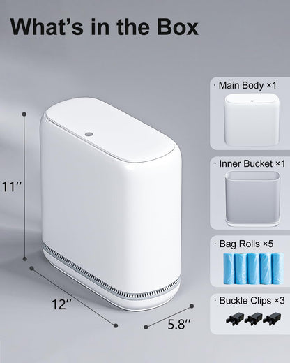 Purexa 2.3 Gallon Slim Small Bathroom Trash Can with Lid, White Dog Proof Garbage Can with Air-Press Bag Expander & Removable Bucket, Narrow Bathroom Waste Basket for Bedroom, Office, Dorm