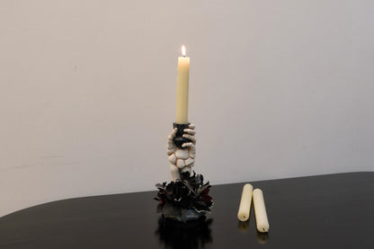 LushNook Halloween Candle Holder, Resin Skeleton Hand Candlestick with Black Faux Flower, Halloween Decor for Home Table, 7" Height