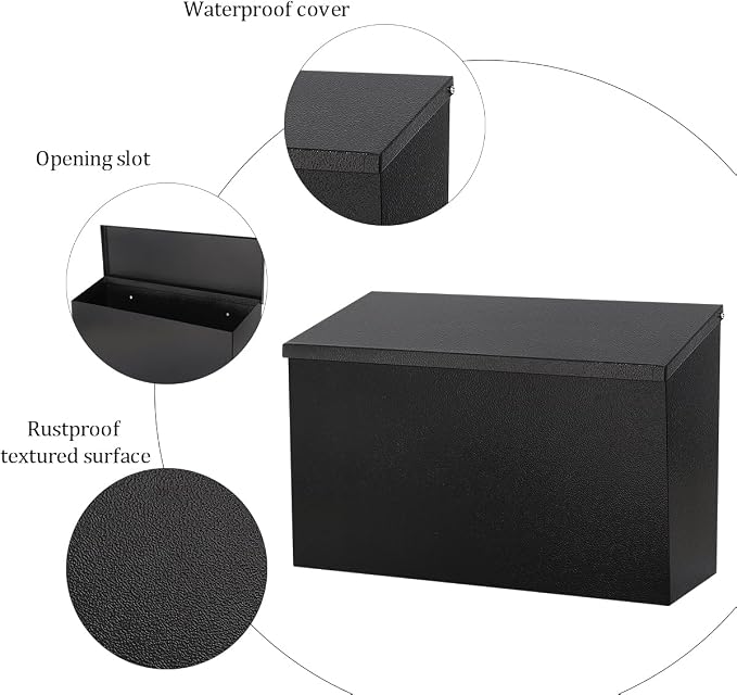 Wall-Mount Mailbox for Outside,Large Capacity Mail Box Waterproof and Rust-Resistant, Galvanized Steel Metal Post Box, Mailboxes for House, 15.7"x9.9"x4.9" Black