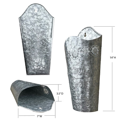 Lily's Home Set of 2 Rustic Farmhouse Galvanized Metal Wall Planters, with Floral Accents for Indoor or Outdoor Artificial Greenery. Rustic Hanging Flower Holders Wall Decor