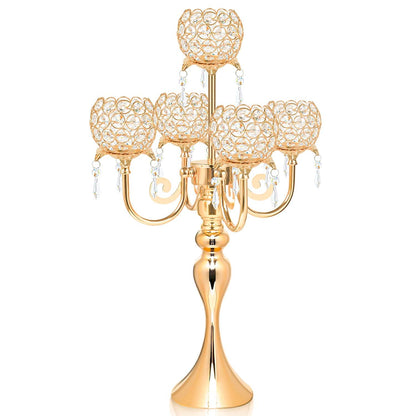 Kehail 5 Arm Gold Candle Holder 22.5 Inch Tall Crystal with Pendant, Romantic Home Decor Elegant Candlestick Holder for Dates Wedding Receptions Holiday Party Important Events