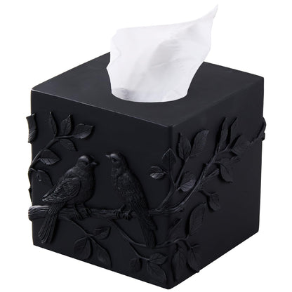 Black Marble Relief Birds Square Tissue Box Cover Decorative,Resin Heavy Sturdy Tissue Box Holder, Facial Paper Holder for Bathroom Vanity Countertop, Bedroom Night Stand,Office and End Table