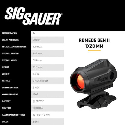 SIG SAUER ROMEO5 GEN II 1x20mm Compact Durable IPX-7 Waterproof Gun Shooting Sight, Parallax-Free Optical Design, 12 Illumination Settings - GEN II Red Dot Sight - Black (SOR5101)