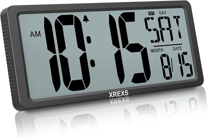 XREXS Large Digital Wall Clock, Battery Operated Alarm Clocks for Bedroom Home Decor, Count Up & Down Timer, 14.17 Inch Large LCD Screen with Time/Calendar/Temperature Display (Batteries Included)