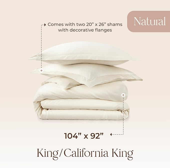 100% Organic Cotton Duvet Cover King Size - Naturally Soft Lightweight & Cooling Duvet Cover Set with Decorative Shams - Premium GOTS Certified 300 Thread Count Sateen Weave (Natural, King)