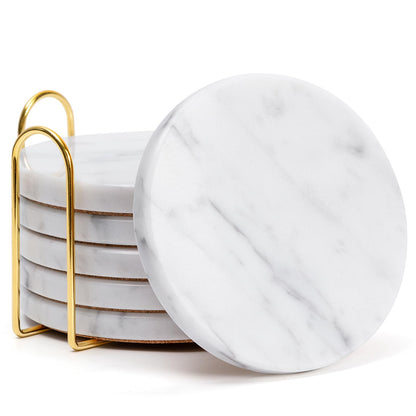 YONGHEE Soft White Marble Coasters Set of 6 with Holder, Elegant Drink Coasters for Coffee Table, 4" Polished Natural White Stone Coaster with Grey Veins - Heat Resistant, Non-Slip, Housewarming Gift