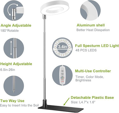 Kullsinss Grow Lights for Indoor Plants, Full Spectrum Halo Growing lamp with Detachable Base, Height Adjustable, 3 Colors, 10 Dimming, Automatic Timer, Plant Light for Succulents Small Plants