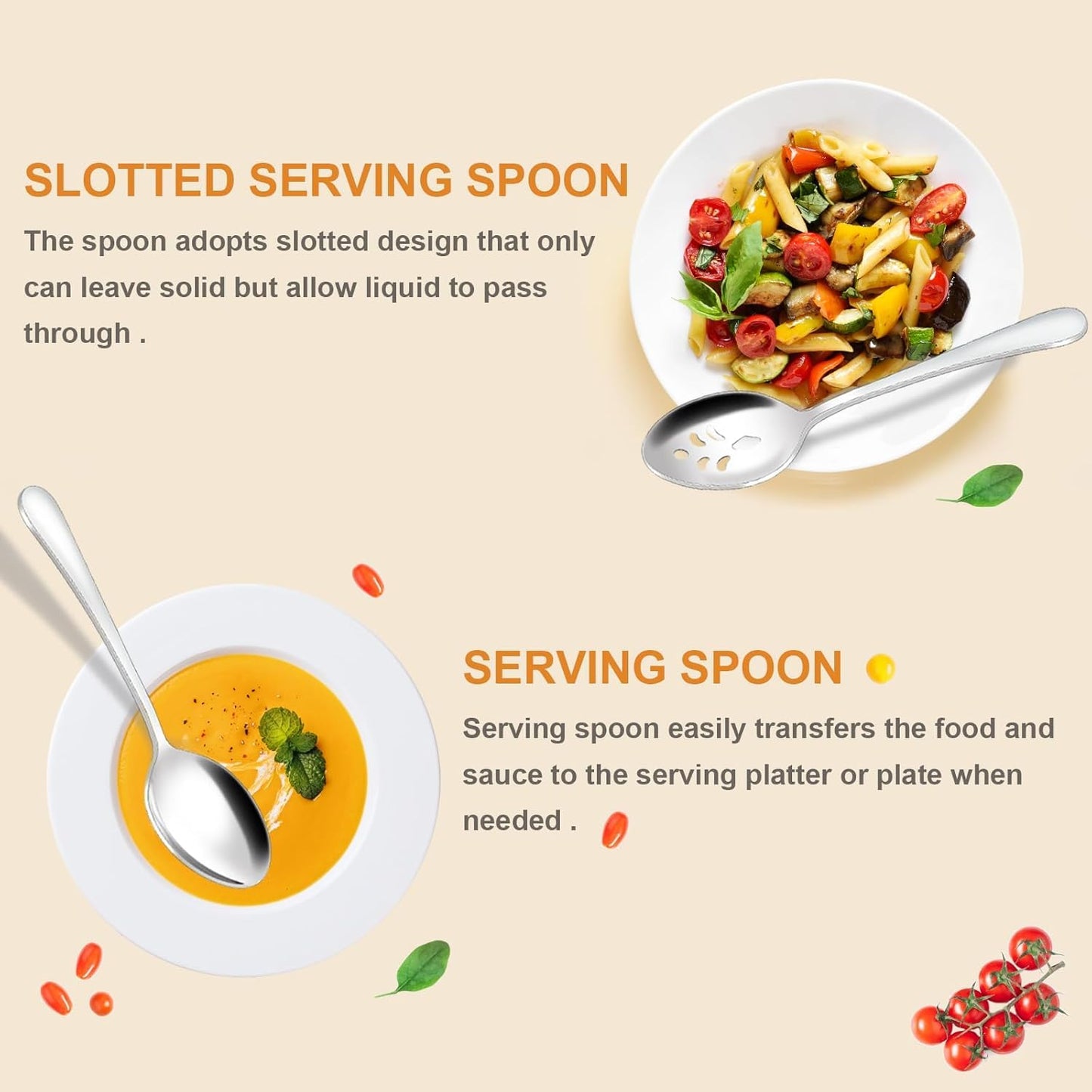 BEWOS 16-Piece Serving Spoons Set - Set of 8 Serving Spoons, Set of 8 Slotted Spoons, 9.1-Inch Utensils Set for Parties, Stainless Steel, Dishwasher Safe, Large Spoon For Buffet