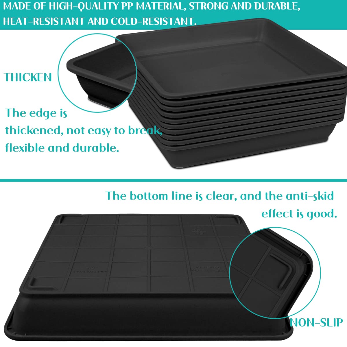 LNQ LUNIQI 10 Pcs 6 Inch Square Plastic Plant Saucer Flower Pot Bottom Seat Flower Pot Tray Thick Plastic Drip Tray for Garden Potted Water Drips and Soil （Black）