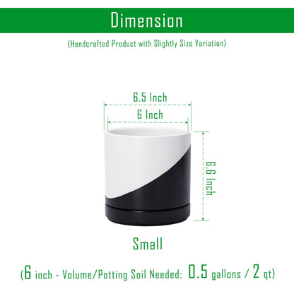 D'vine Dev 6.5 Inch Ceramic Planter Pot with Drainage Hole and Saucer, Indoor Cylinder Round Planter Pot, Oblique Monochrome Black and White, 94-O-C-K