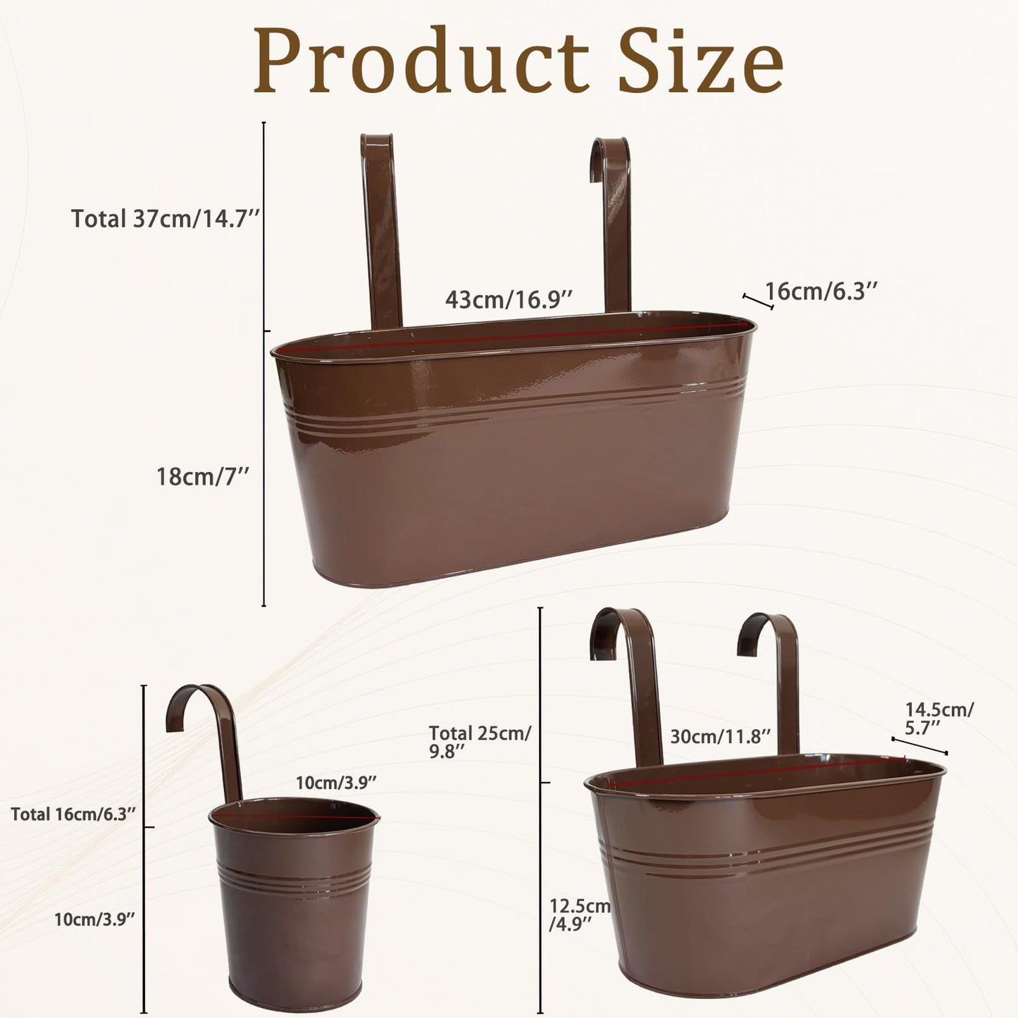 Joyfernal Set of 12 Balcony Hanging Planters, 4 Pcs 17" Metal Railing Flower Pots & 4 Pcs 12" Deck Planter & 4 Pcs 4" Fence Pot for Outdoor Patio Garden Décor, Chocolate
