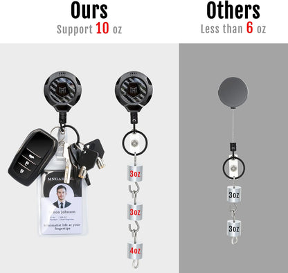 MNGARISTA Upgraded Heavy Duty Retractable Keychain with Belt Clip, 10 OZ Retraction, 31.5" Stainless Steel Cord Key Chain, 3K Carbon Fiber ID Badge Reel Holder with Badge Strap and Key Ring, 4 Pack