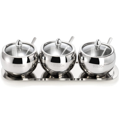 Hedume 3 Grids 304 Stainless Steel Seasoning Containers Set with Lid Spoon and Tray, Condiment Jar Spice Container, Condiment Canisters Pots for Serving Sugar, Pepper, Salt, Spice