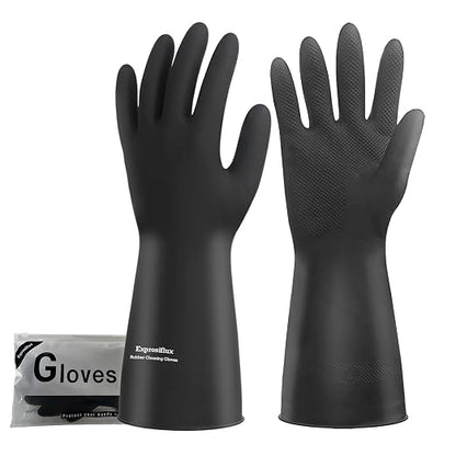 Heavy-Duty Thick Black Rubber Cleaning Gloves, 2 Pairs, XL | Reusable & waterproof black/orange dual layers. Non-slip design for dishwashing, kitchen cleaning, and auto care.