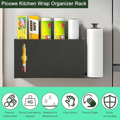 Picowe Large Wall Mount Kitchen Wrap Organizer Rack, Metal Aluminum Foil Organizer, Cabinet Storage Holder for Kitchen, Aluminum Foil, Cling Film, Paper Towel (Grey)
